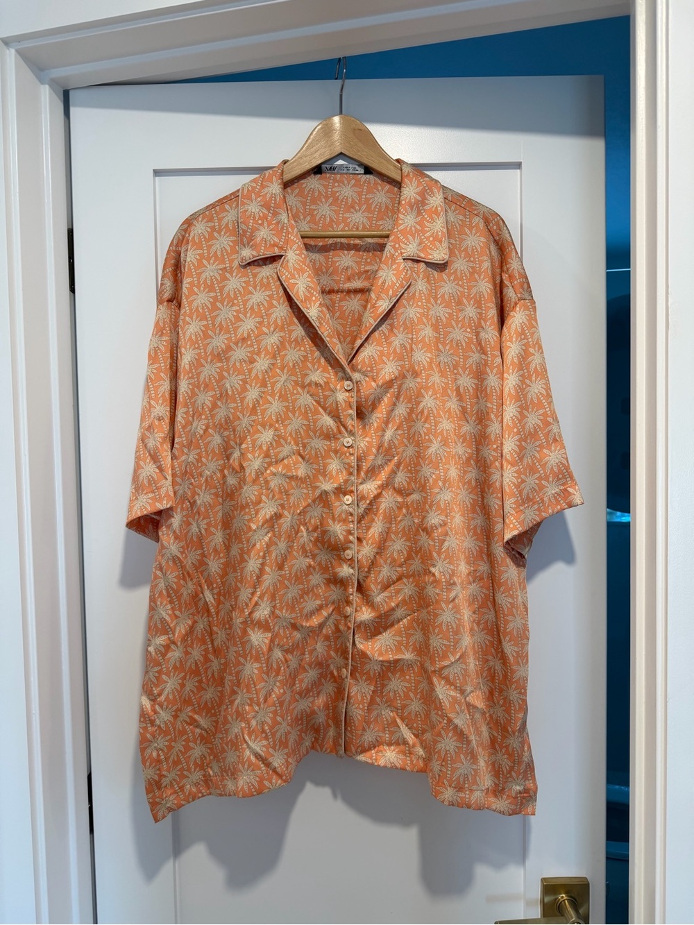 Zara Coral Orange Palm-Print Button-Up Shirt